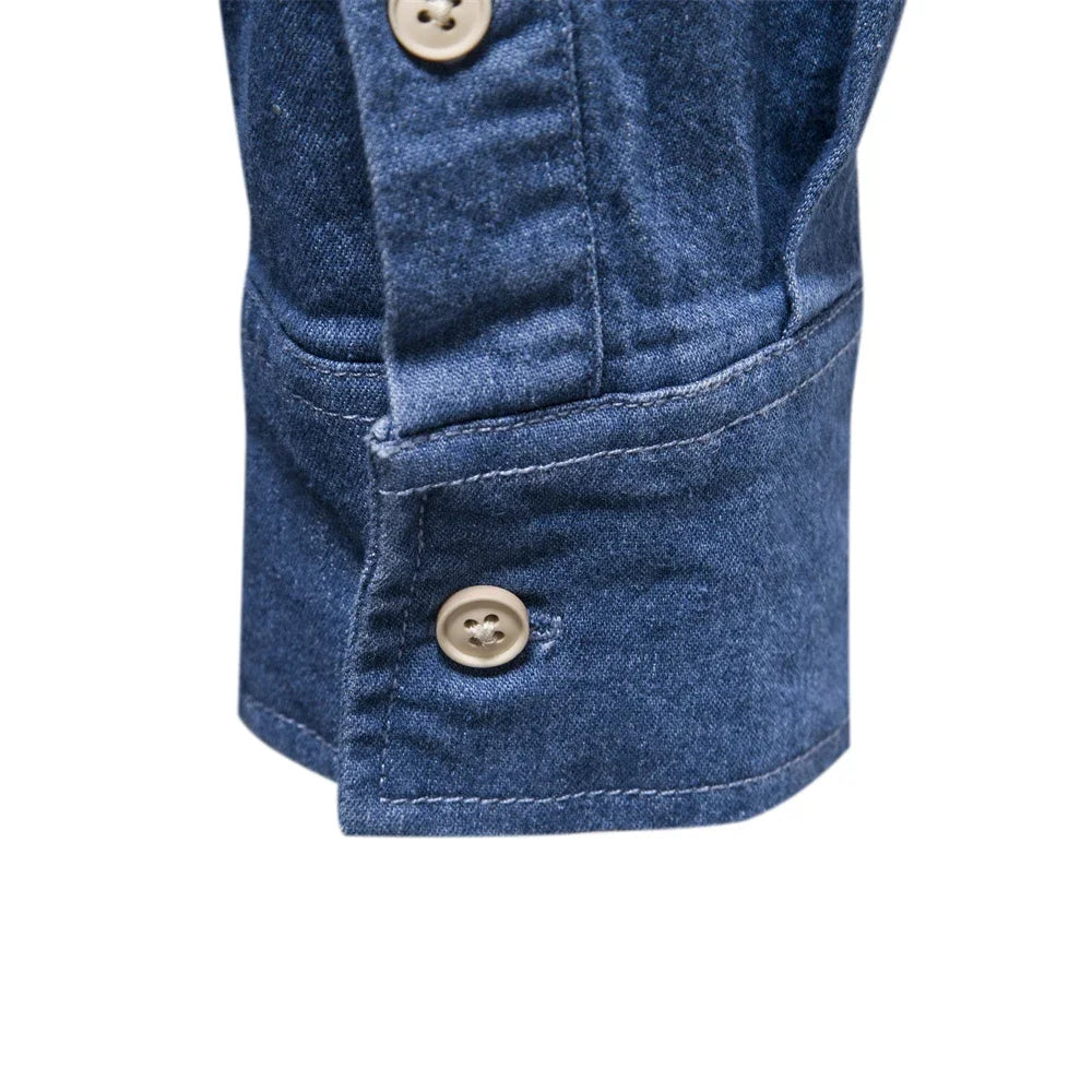 Stylish men's light blue denim long sleeve shirt with buttons.