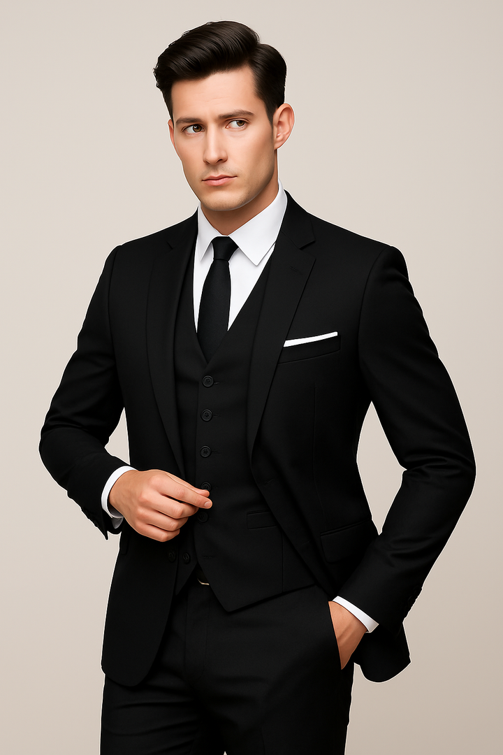 Classic black men's three-piece suit, tailored for spring, suitable for weddings and formal events.