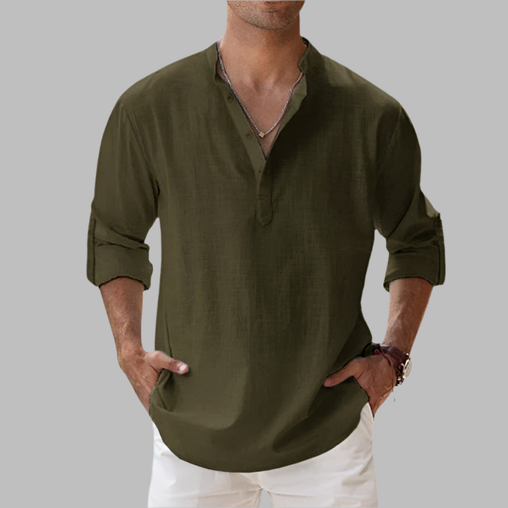 Men's casual summer shirt, lightweight with a stylish band collar and short sleeves.
