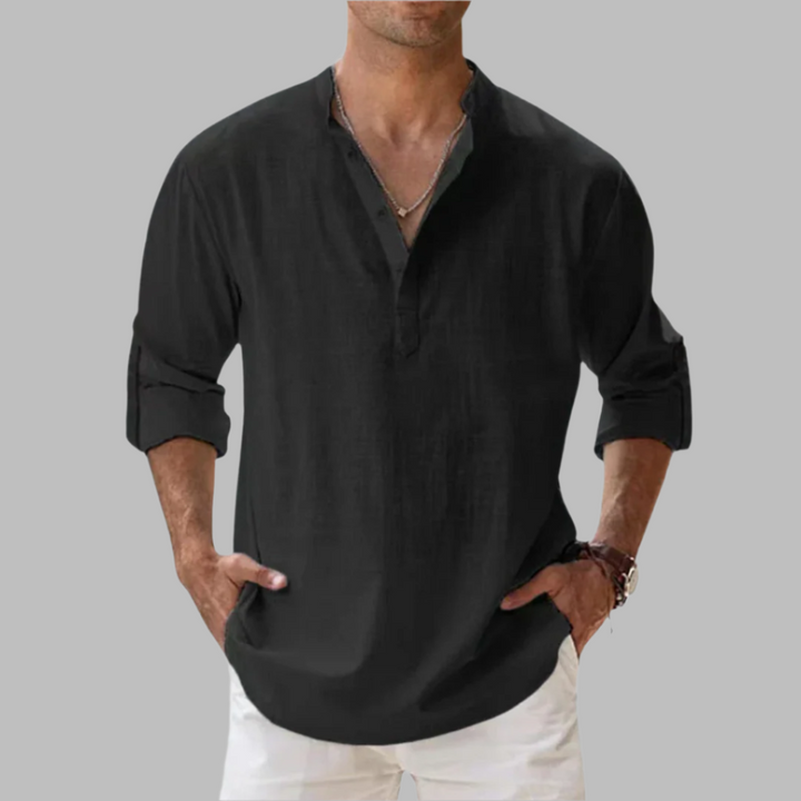 Relaxed fit men's lightweight band collar shirt, ideal for summer fashion and comfort.