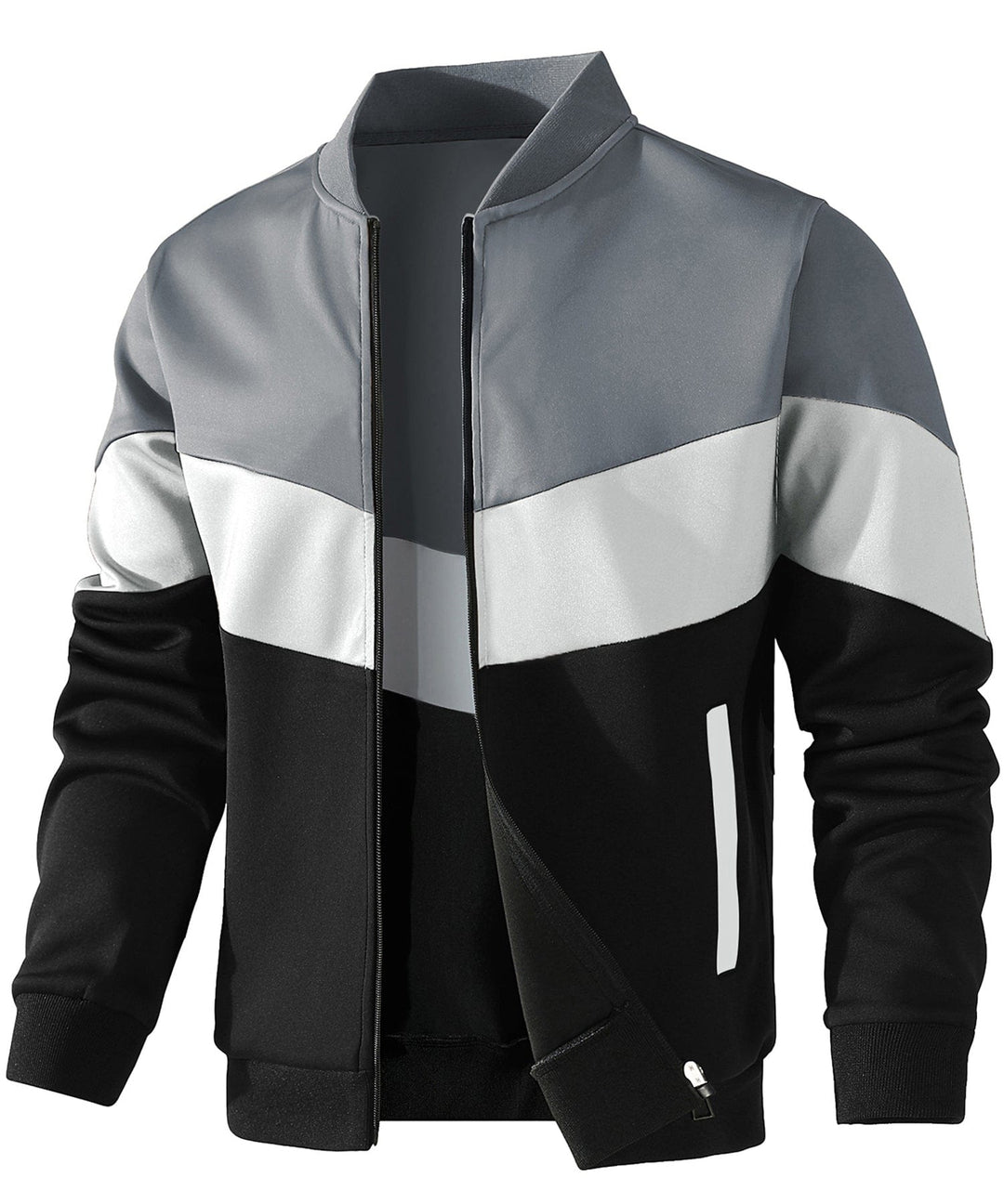 Man wearing men's lightweight color block jacket, styled for a casual spring look & men's everyday fashion.