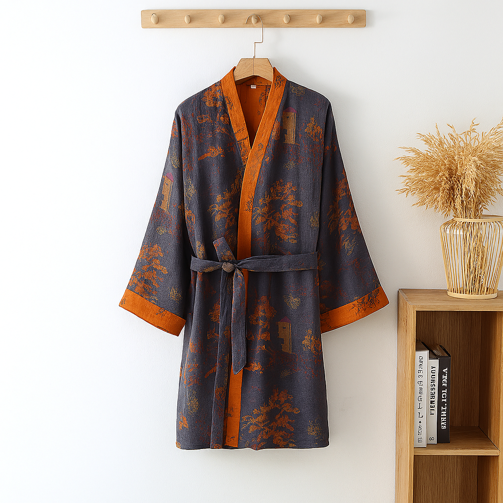 Men's lightweight cotton kimono robe with purple & orange jacquard pattern, perfect for summer loungewear.