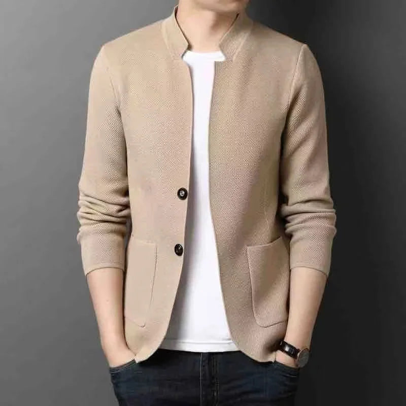 Studio shot of a men's versatile cardigan blazer, suitable for various occasions, in a neutral tone.
