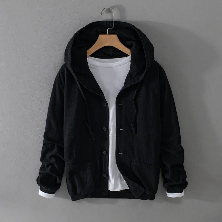 Close-up of the linen blend fabric on a men's hoodie, highlighting its texture and lightweight quality for summer.