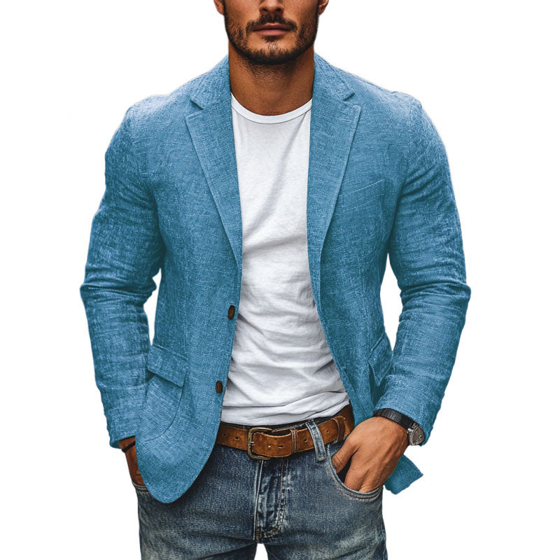 Slim-fit men's single-breasted blazer paired with casual shirt. Versatile summer style for modern gentlemen.