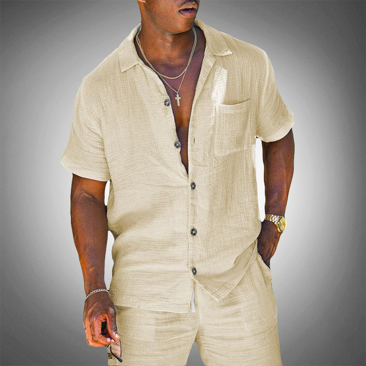 Casual men's linen blend short sleeve summer set, perfect for beachwear, resort wear, or vacation.
