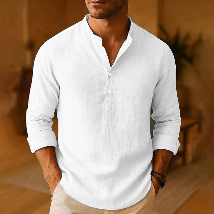 Modern men's long sleeve band collar casual shirt, offering comfort and sophisticated everyday menswear style.