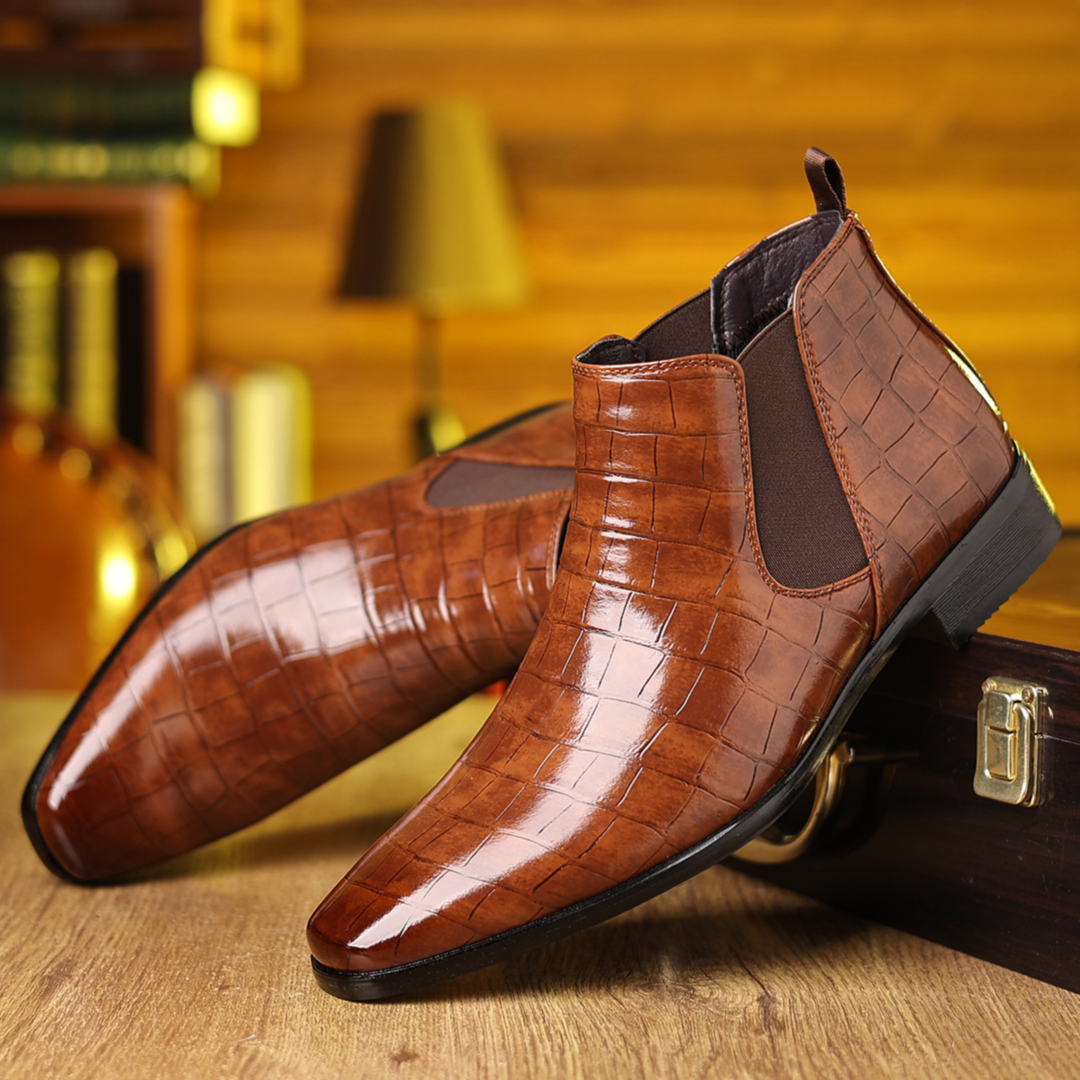 Men's luxurious croc-embossed Chelsea boots, perfect for distinctive style & fashion footwear. Dress up or down.
