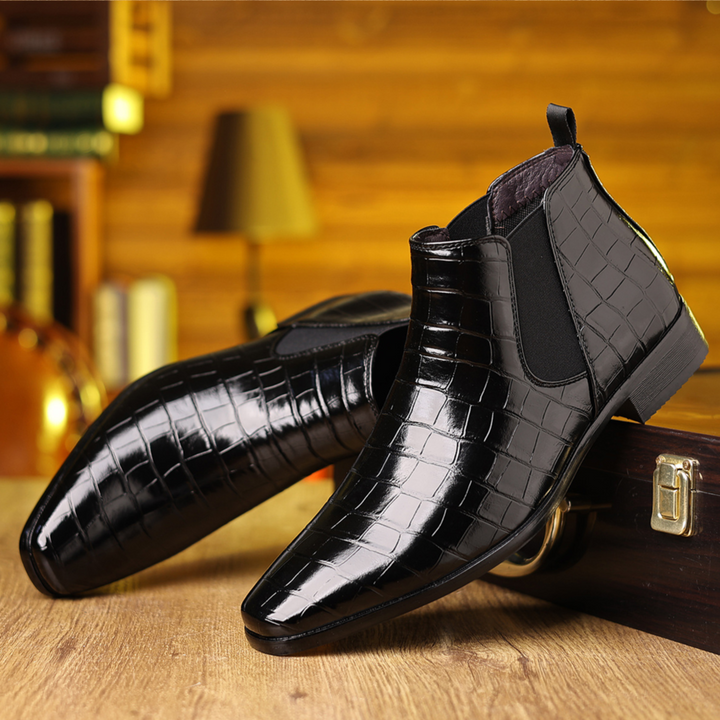 Brown men's stylish croc Chelsea ankle boots. Premium luxury leather for everyday wear, comfort, and sophisticated look.