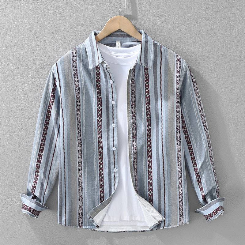 Effortless men's Medina striped button-down shirt, perfect for a relaxed summer outing or stylish vacation look.