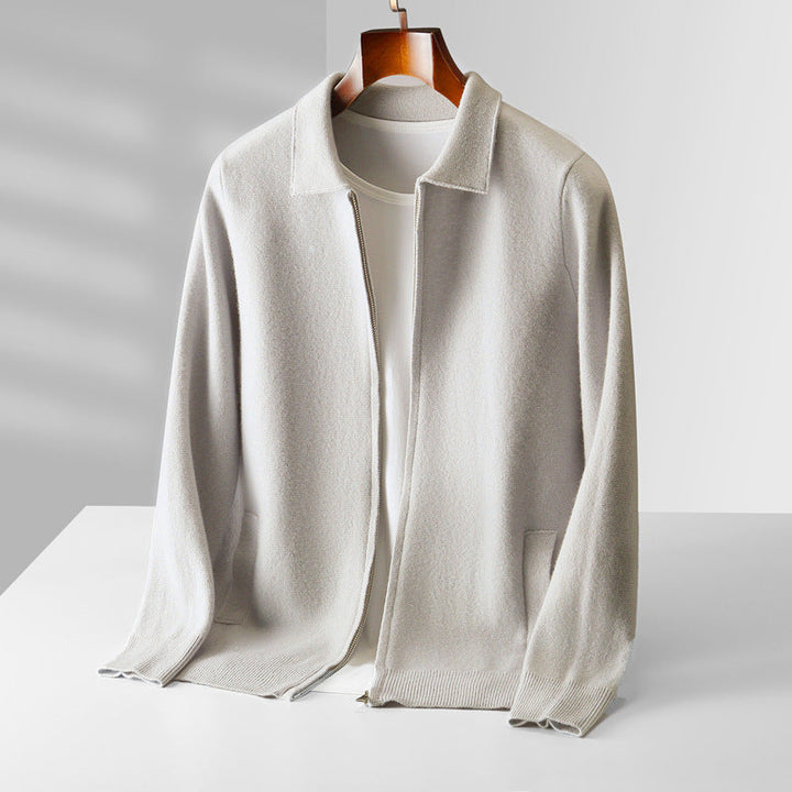 Flat lay of the Men's Merino Wool Zip-Up Jacket, highlighting its material and design details