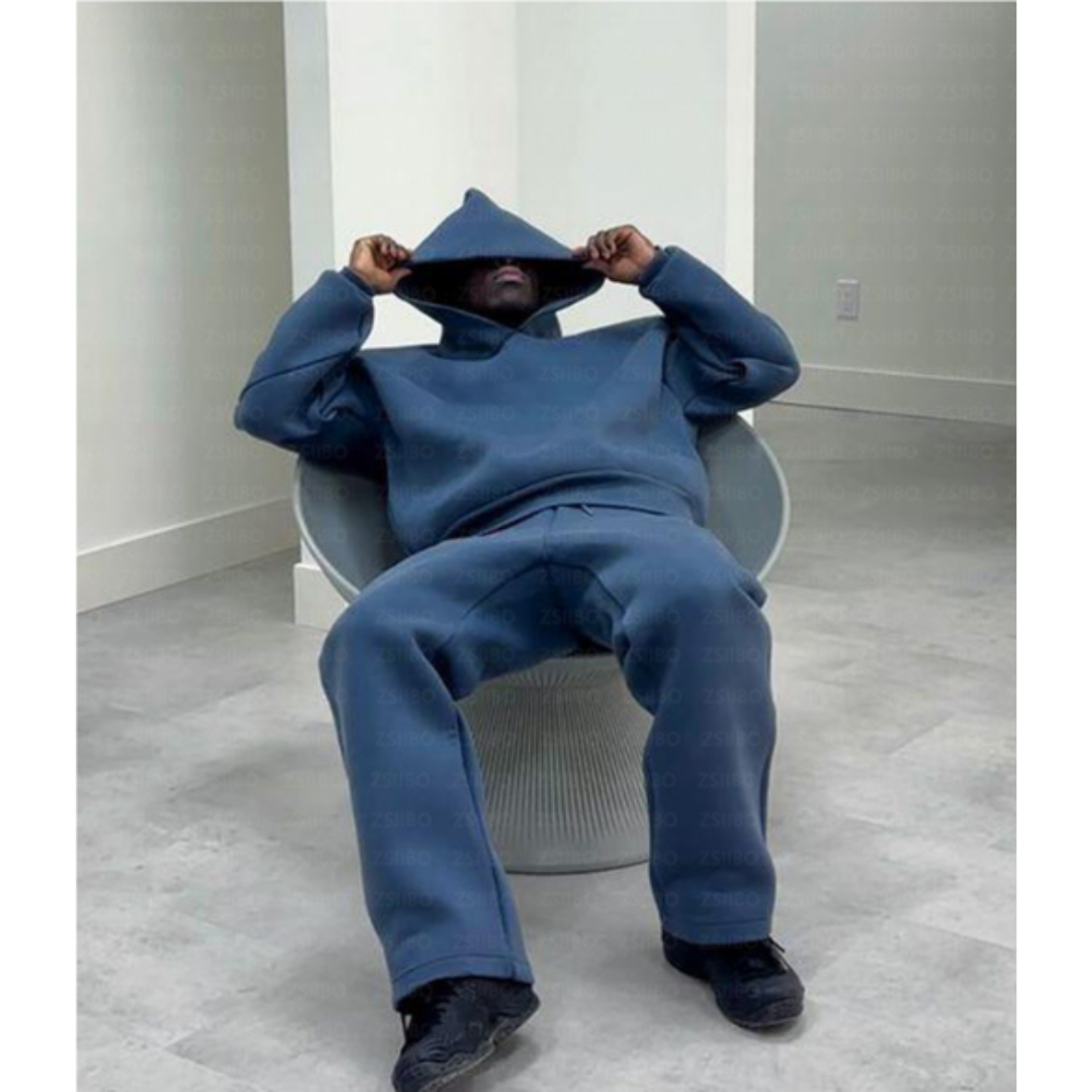 Comfortable men's two-piece hooded loungewear set in a neutral tone, great for home or casual outings