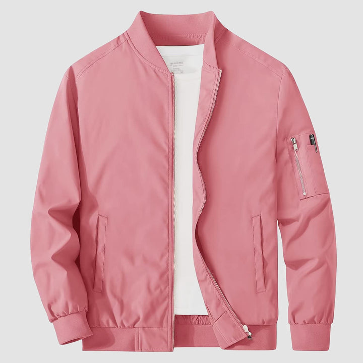 Ribbed cuffs and hem detail on a men's bomber jacket, classic bomber silhouette, comfort
