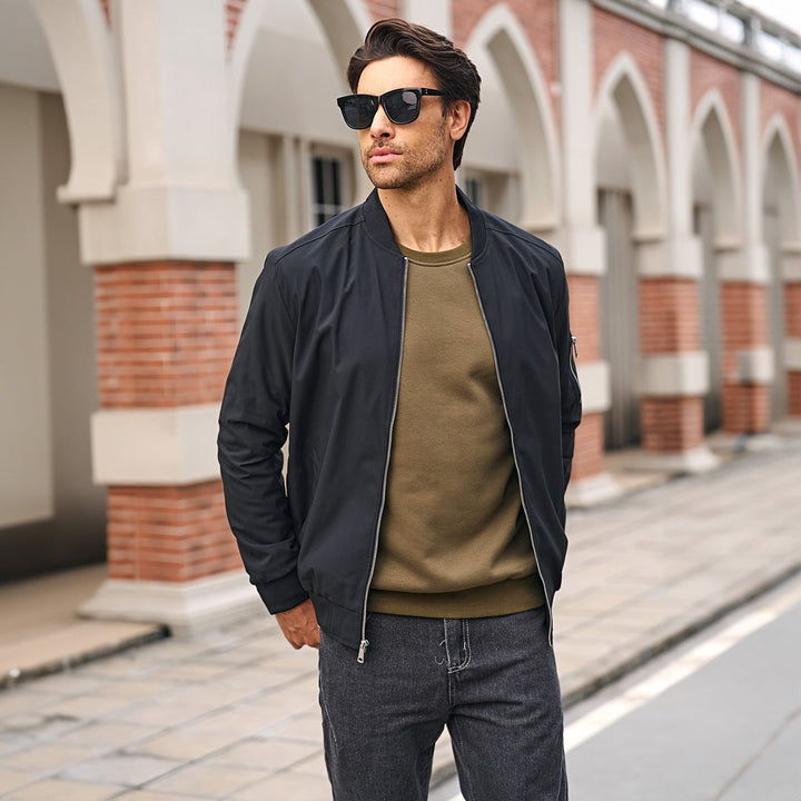 Men's bomber jacket with a stand-up collar, protecting from wind, ideal for spring mornings