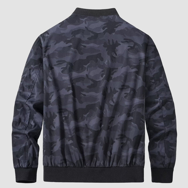 Close-up of fabric texture on men's bomber jacket, showing smooth, high-quality polyester