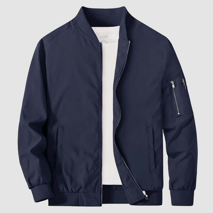 Front view of men's bomber jacket, modern fit, zip closure, perfect for everyday casual wear