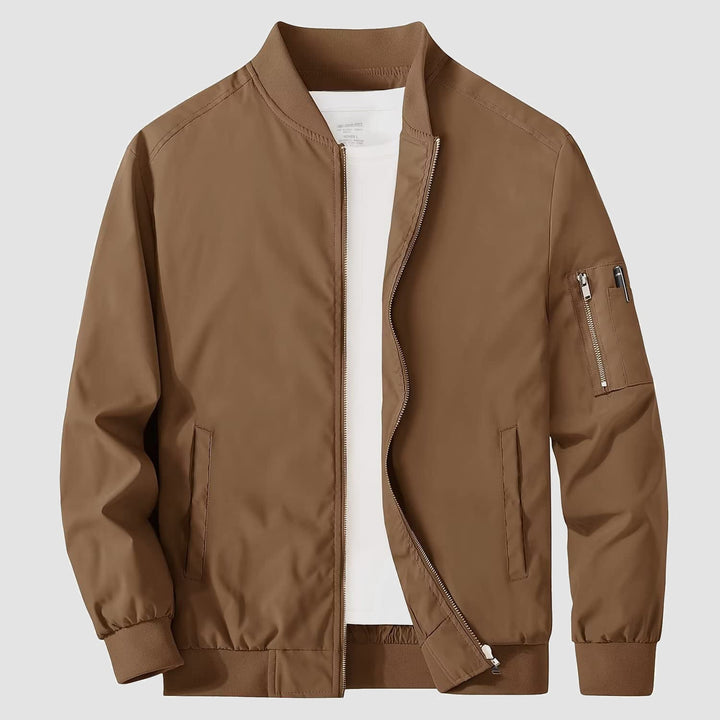 Back view of men's bomber jacket, plain design, emphasizing sleek modern fall fashion