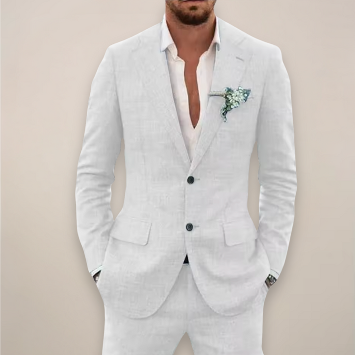Full-body shot of a sharp men's notch lapel suit set, designed for both formal wear and business settings.