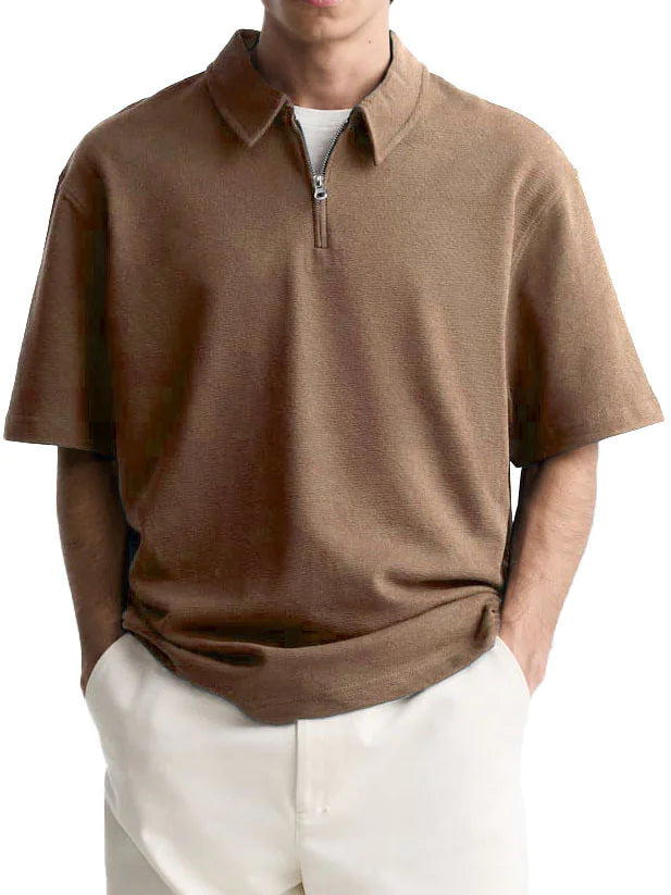 Breathable knit short sleeve top for men with a contemporary half-zip neckline