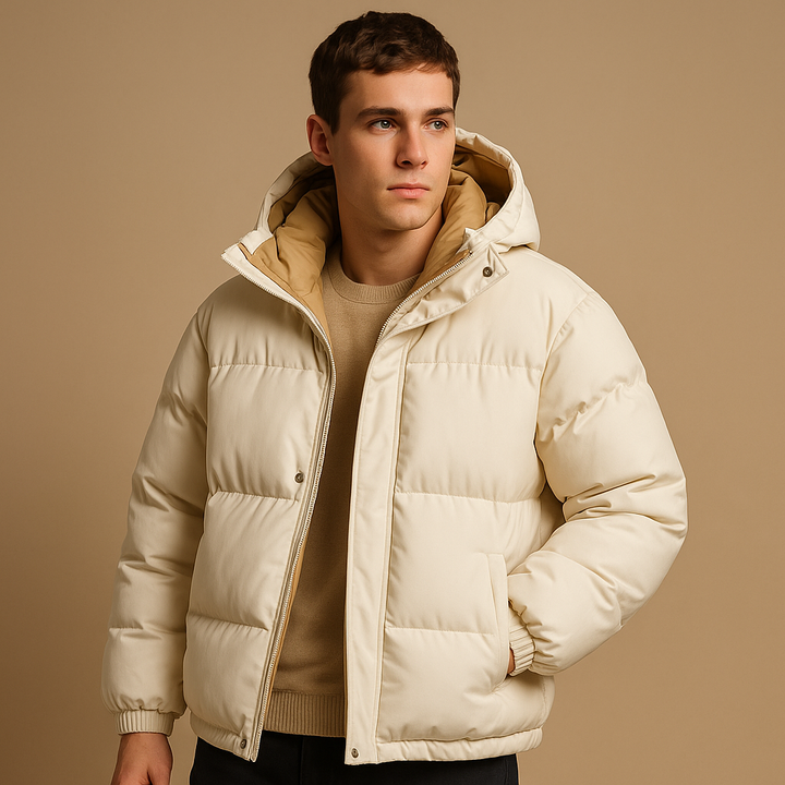 Stylish men's hooded puffer jacket, perfect for casual wear, sporty activities, or lightweight travel in winter.