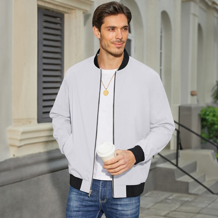 Men's casual outerwear: a modern bomber jacket with practical side pockets, full zip