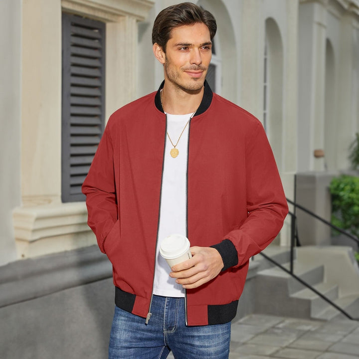 Casual men's bomber jacket with a subtle sheen from the polyester fabric, perfect for modern style