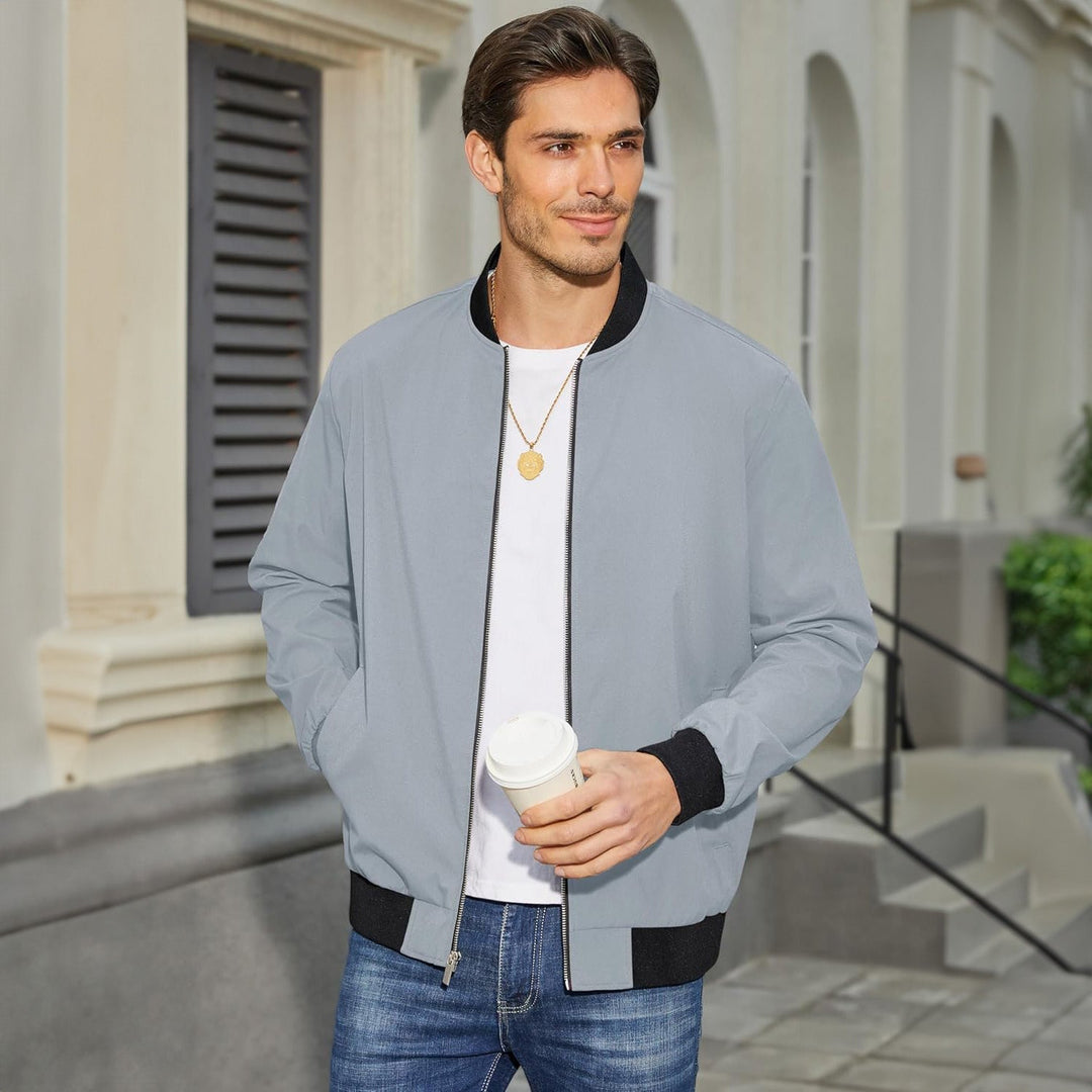 Men's lightweight bomber jacket from a high angle, highlighting its contemporary silhouette