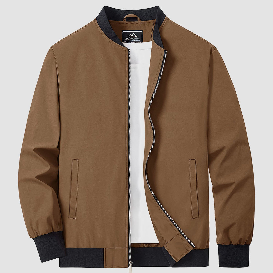 Side view of a lightweight men's casual outerwear in a bomber style, full zip closure, modern