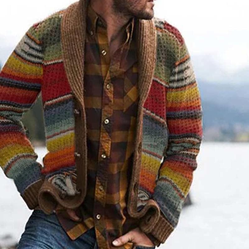 Men's modern open-front striped cardigan. Relaxed fit knitwear, perfect for casual layering in men's fashion.
