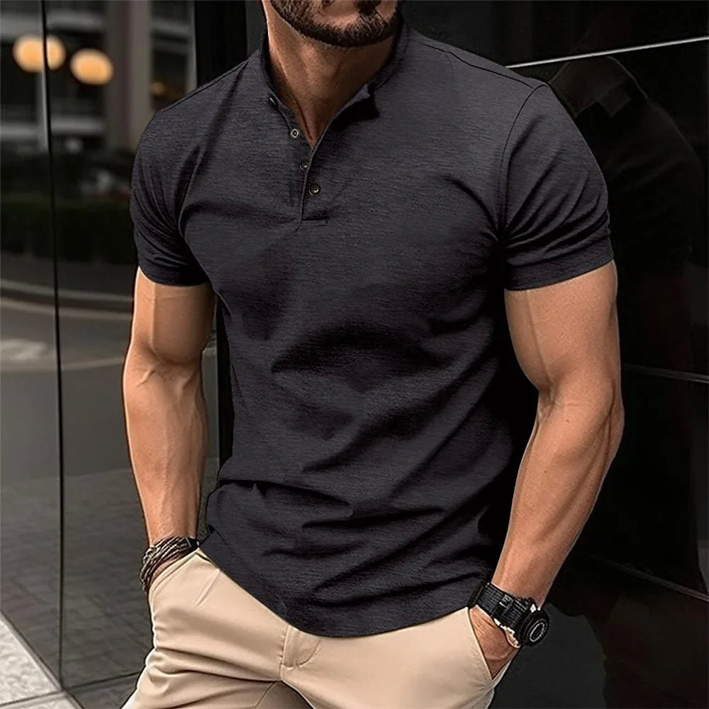 Men's modern short sleeve henley shirt with mandarin collar and button placket for casual everyday wear.