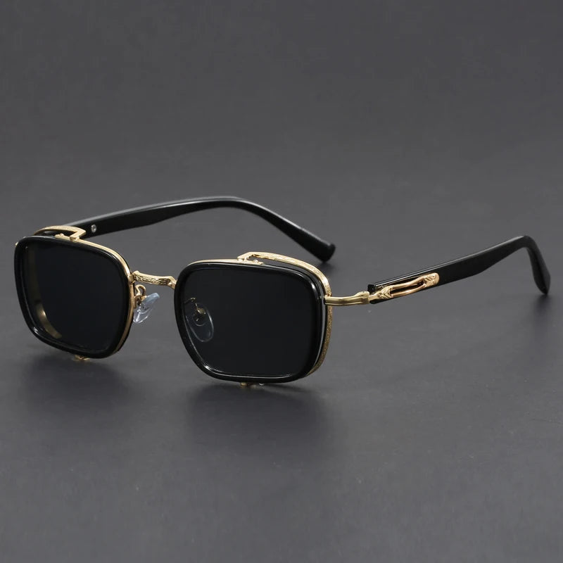 Close-up of men's designer square frame sunglasses, showcasing modern style and UV protection