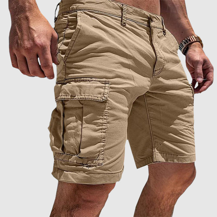 Rugged men's cargo shorts designed for durability, featuring multiple pockets, great for casual summer fashion & outdoor gear.
