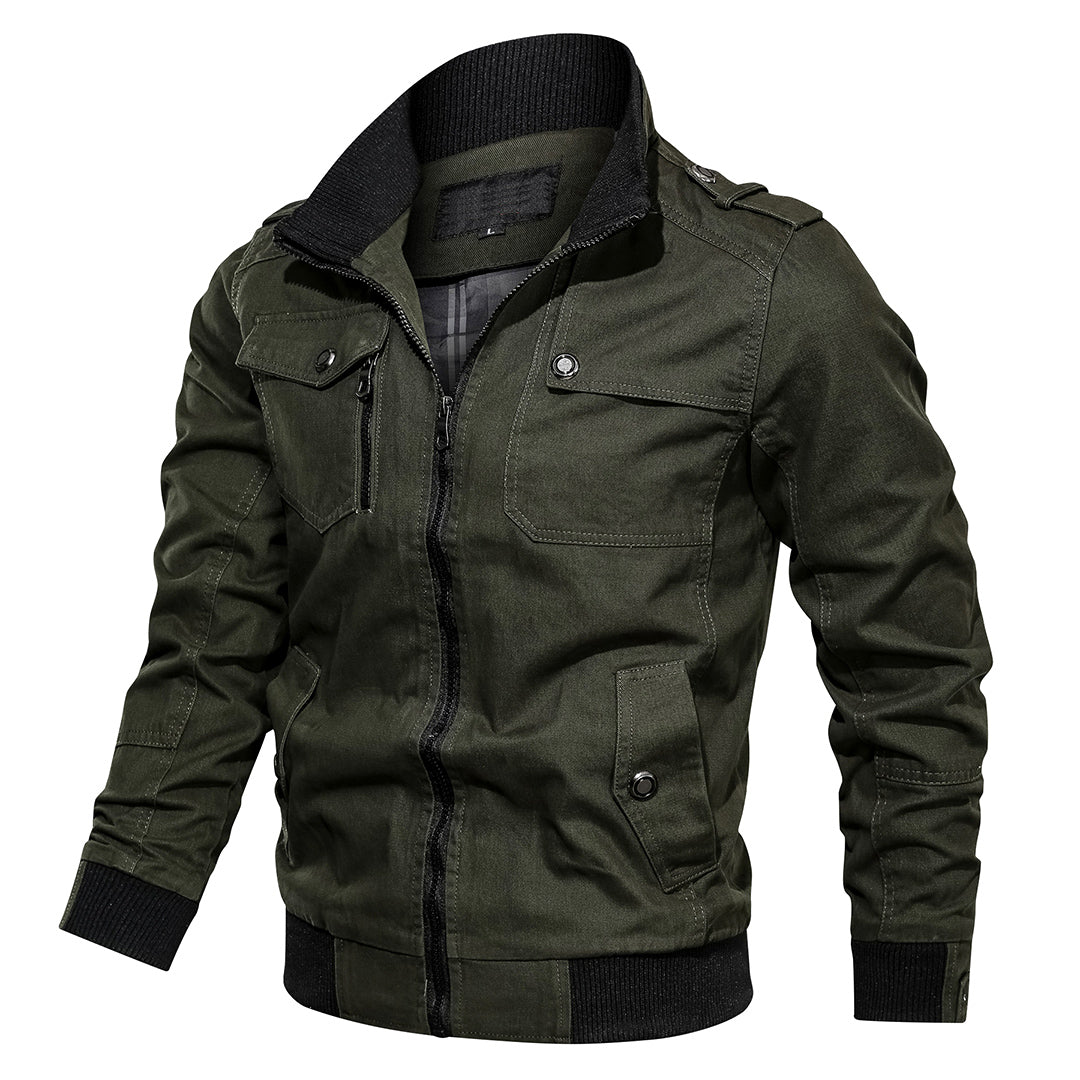 Men's multi-pocket tactical bomber jacket for casual wear, front view, fall fashion