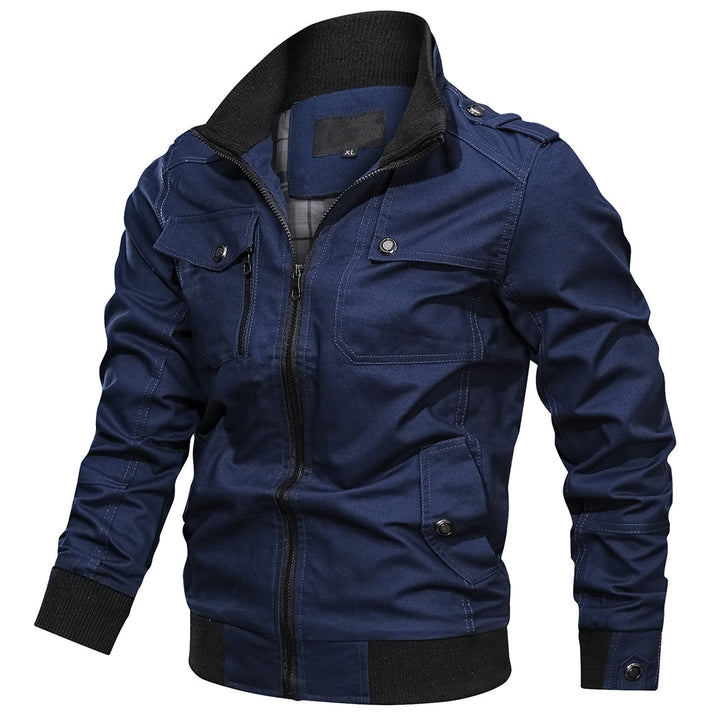 Rear view of a men's bomber jacket with several pockets, ideal for fall casual fashion