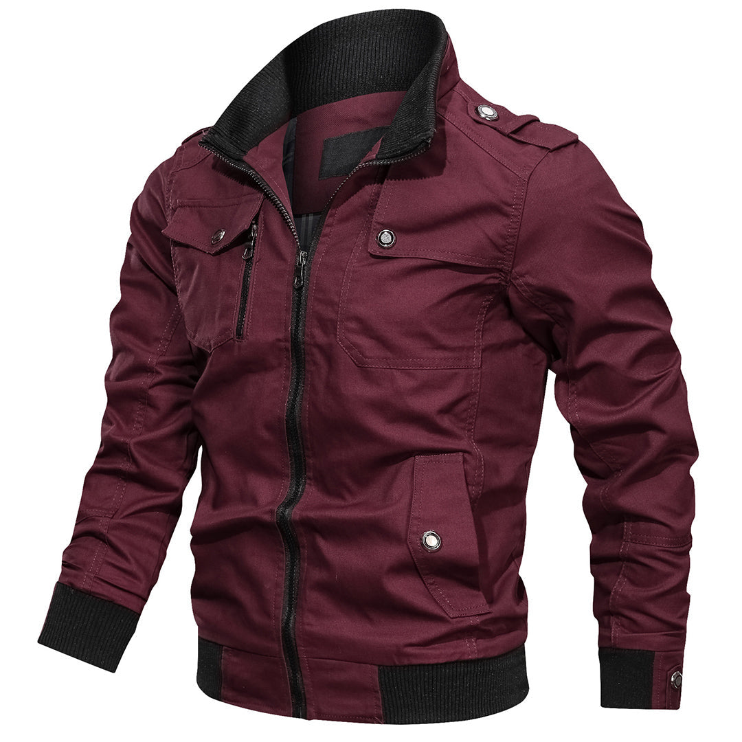 Side profile of a utility men's multi-pocket bomber jacket, versatile and stylish