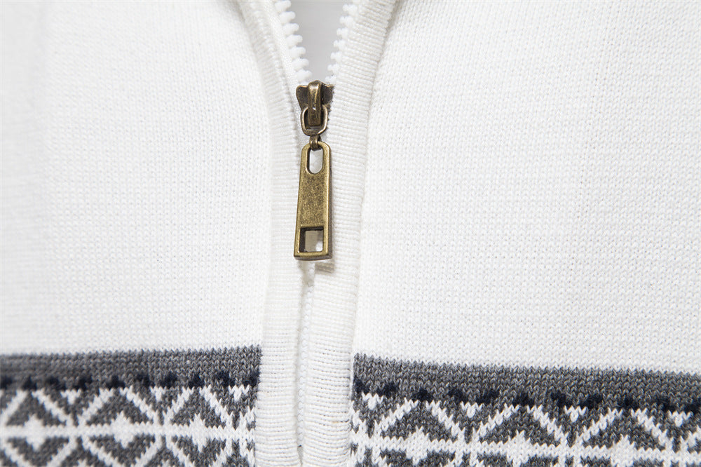 Side profile of men's half-zip Nordic sweater, cotton blend, showing its fit