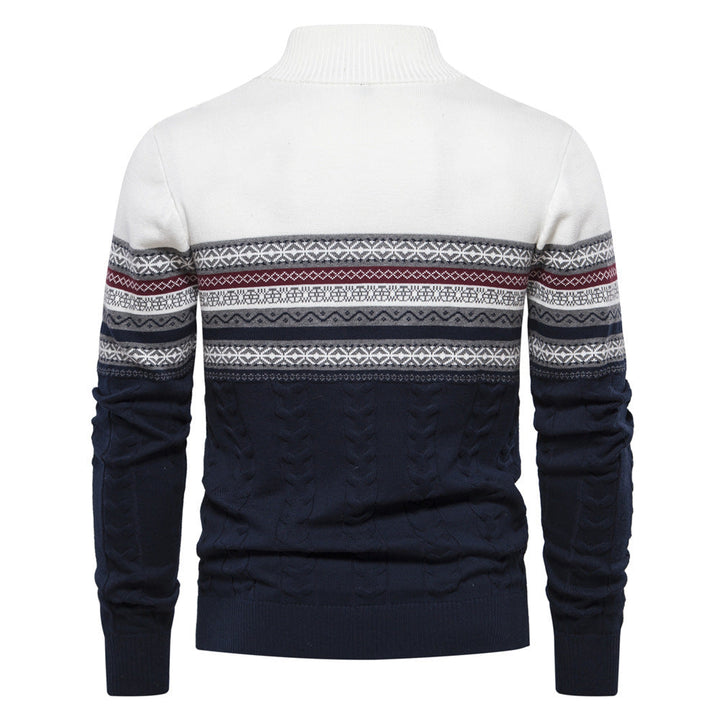 Back view of a men's Nordic knit half-zip pullover sweater, comfortable and warm
