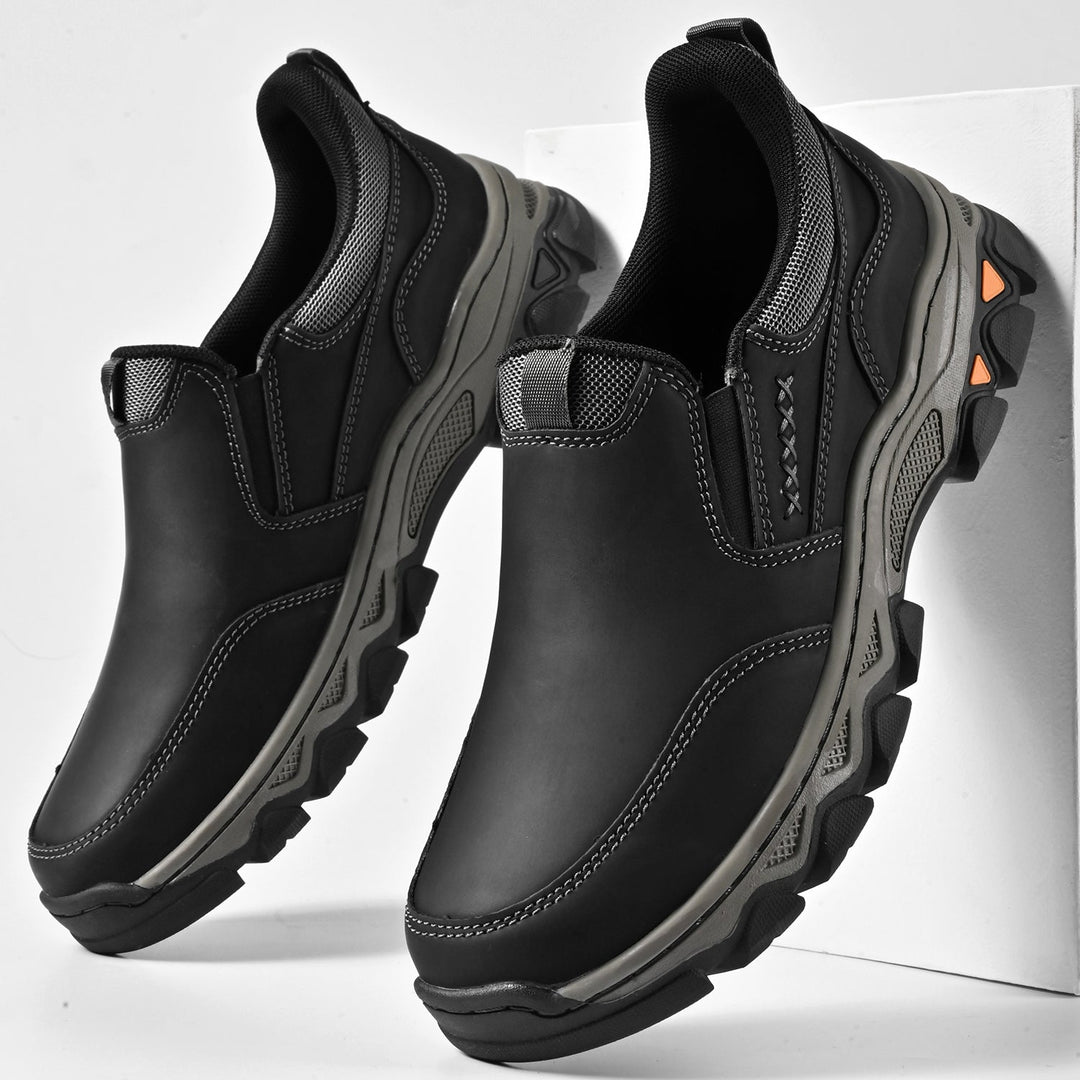 Close-up of the elastic goring on men's slip-on walking shoes for easy wear