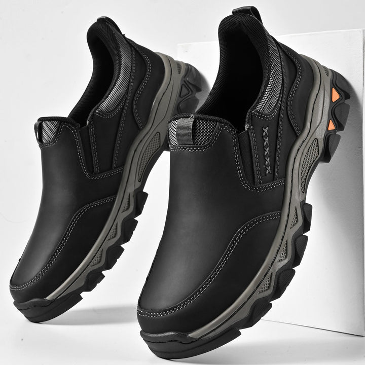 Close-up of the elastic goring on men's slip-on walking shoes for easy wear