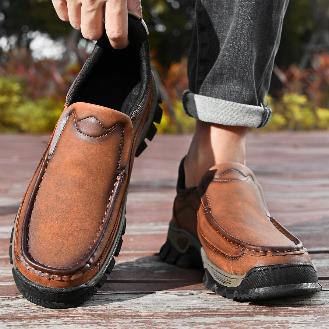 Men's slip-on leather walking shoes, showcasing the comfortable design