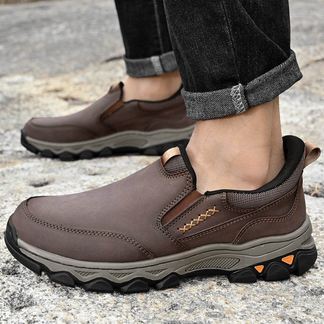 Men's comfortable slip-on orthopedic walking shoes in a natural setting