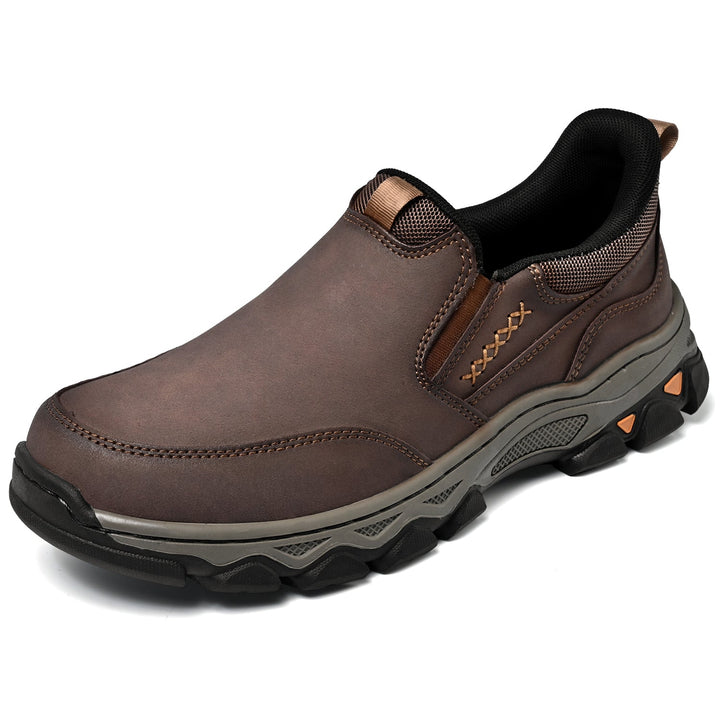Men's orthopedic casual slip-on leather walking shoes in brown, side view