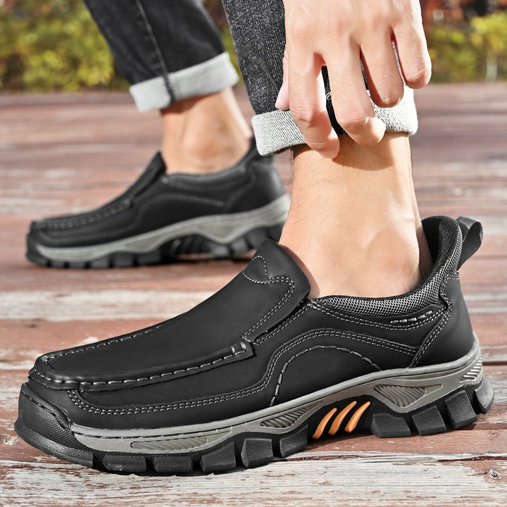 Black men's orthopedic casual slip-on leather walking shoes, versatile style