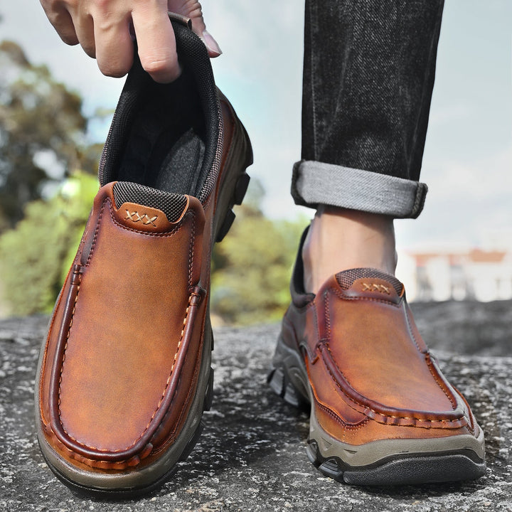 Navy men's comfort slip-on leather walking shoes, a smart casual choice