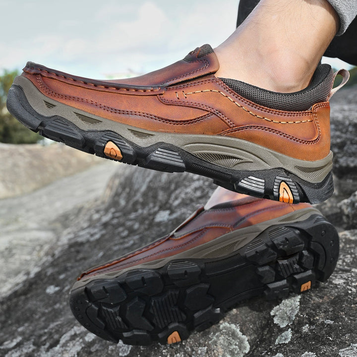 Stylish men's slip-on leather walking shoes, great for extended wear