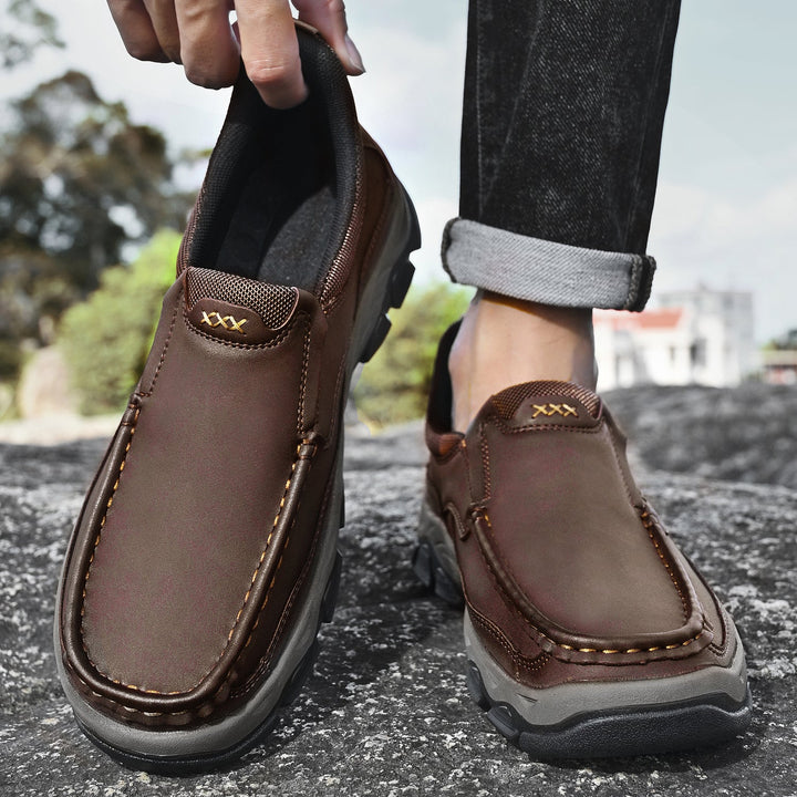 Inside view of men's orthopedic casual slip-on leather walking shoes, showing lining