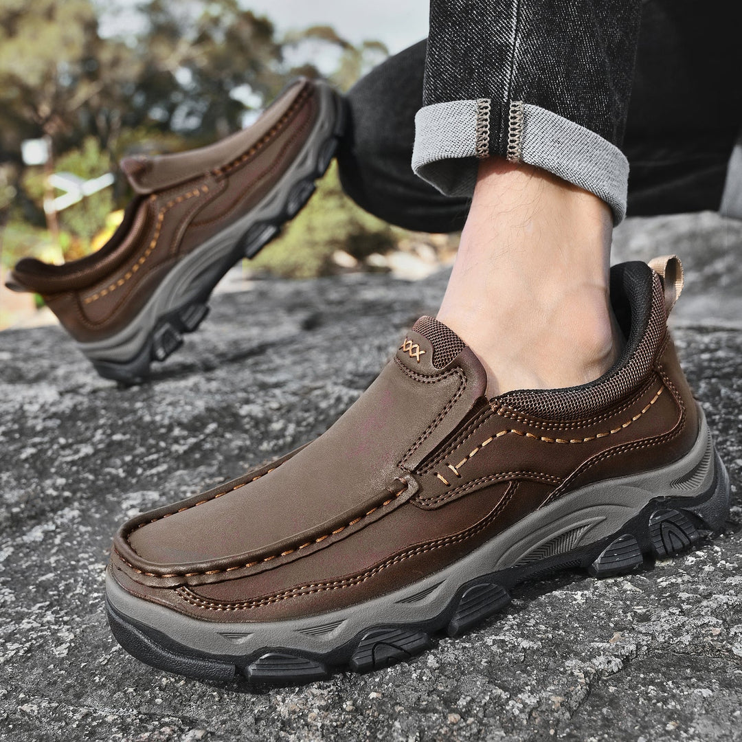 Men's casual footwear, slip-on leather walking shoes with orthopedic support