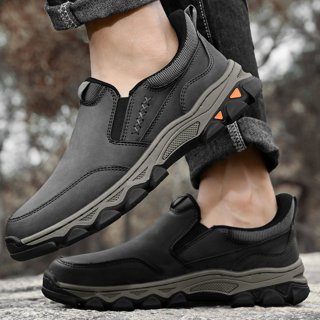 Men's sturdy leather slip-on walking shoes, built for durability and comfort