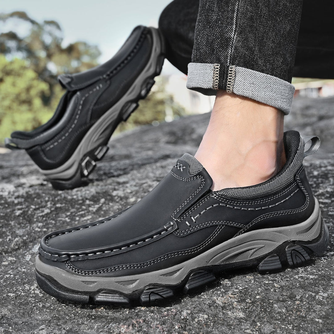 Product shot of men's casual leather slip-on walking shoes, high quality