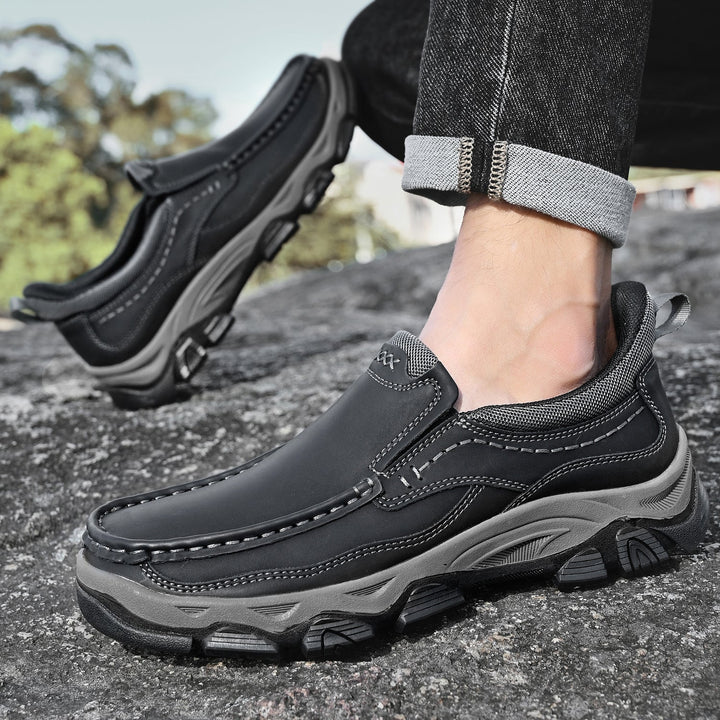 Product shot of men's casual leather slip-on walking shoes, high quality